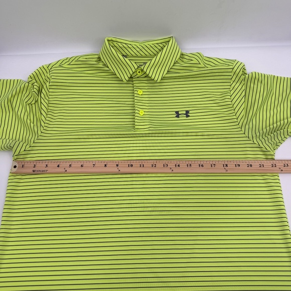 Under Armour Polo Shirt Men Large Yellow Neon Stripes Golf Stretch Performance - Picture 10 of 12